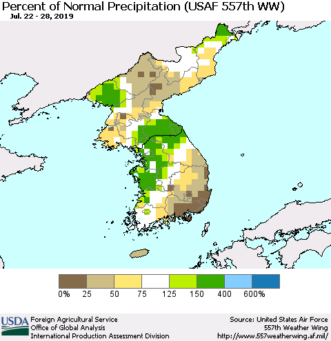 Korea Percent of Normal Precipitation (USAF 557th WW) Thematic Map For 7/22/2019 - 7/28/2019