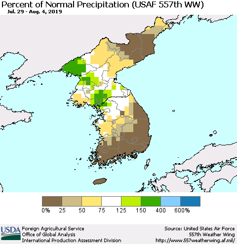 Korea Percent of Normal Precipitation (USAF 557th WW) Thematic Map For 7/29/2019 - 8/4/2019