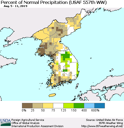 Korea Percent of Normal Precipitation (USAF 557th WW) Thematic Map For 8/5/2019 - 8/11/2019