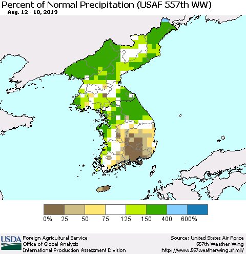 Korea Percent of Normal Precipitation (USAF 557th WW) Thematic Map For 8/12/2019 - 8/18/2019