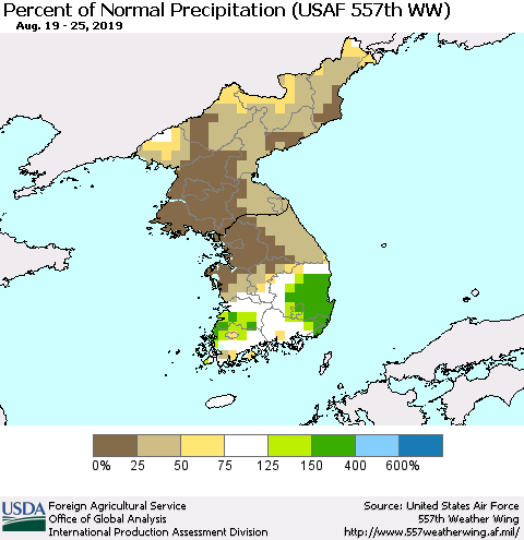 Korea Percent of Normal Precipitation (USAF 557th WW) Thematic Map For 8/19/2019 - 8/25/2019