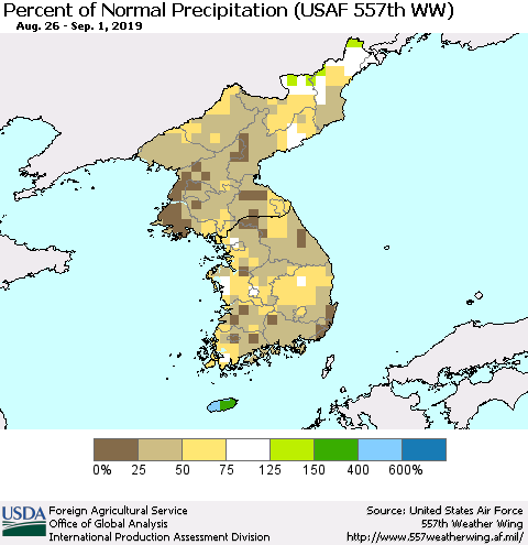 Korea Percent of Normal Precipitation (USAF 557th WW) Thematic Map For 8/26/2019 - 9/1/2019