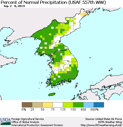 Korea Percent of Normal Precipitation (USAF 557th WW) Thematic Map For 9/2/2019 - 9/8/2019