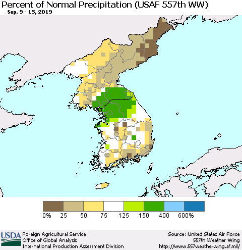 Korea Percent of Normal Precipitation (USAF 557th WW) Thematic Map For 9/9/2019 - 9/15/2019