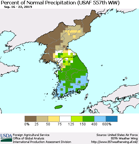 Korea Percent of Normal Precipitation (USAF 557th WW) Thematic Map For 9/16/2019 - 9/22/2019