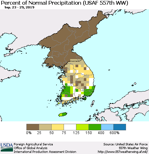 Korea Percent of Normal Precipitation (USAF 557th WW) Thematic Map For 9/23/2019 - 9/29/2019