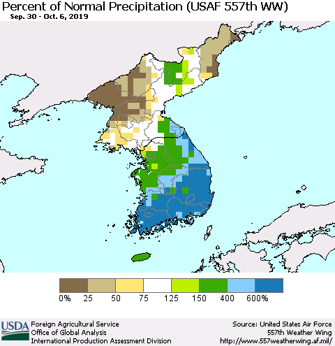 Korea Percent of Normal Precipitation (USAF 557th WW) Thematic Map For 9/30/2019 - 10/6/2019