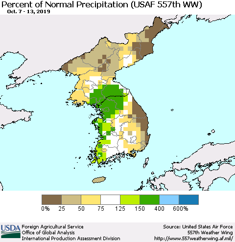 Korea Percent of Normal Precipitation (USAF 557th WW) Thematic Map For 10/7/2019 - 10/13/2019