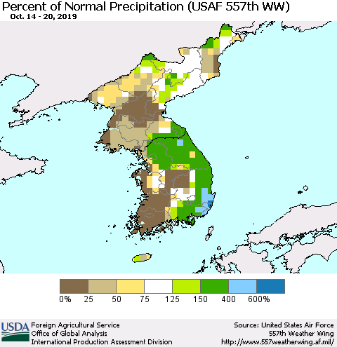 Korea Percent of Normal Precipitation (USAF 557th WW) Thematic Map For 10/14/2019 - 10/20/2019