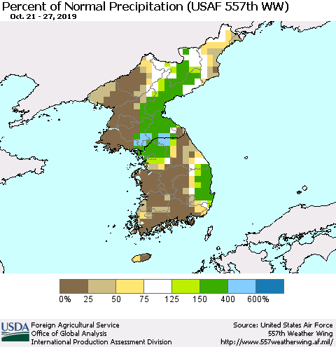 Korea Percent of Normal Precipitation (USAF 557th WW) Thematic Map For 10/21/2019 - 10/27/2019