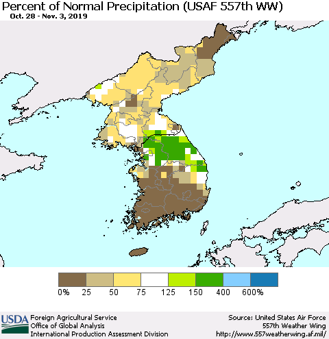 Korea Percent of Normal Precipitation (USAF 557th WW) Thematic Map For 10/28/2019 - 11/3/2019