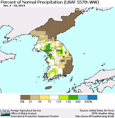 Korea Percent of Normal Precipitation (USAF 557th WW) Thematic Map For 11/4/2019 - 11/10/2019