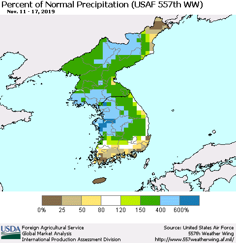 Korea Percent of Normal Precipitation (USAF 557th WW) Thematic Map For 11/11/2019 - 11/17/2019
