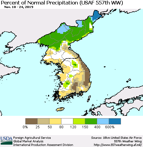 Korea Percent of Normal Precipitation (USAF 557th WW) Thematic Map For 11/18/2019 - 11/24/2019