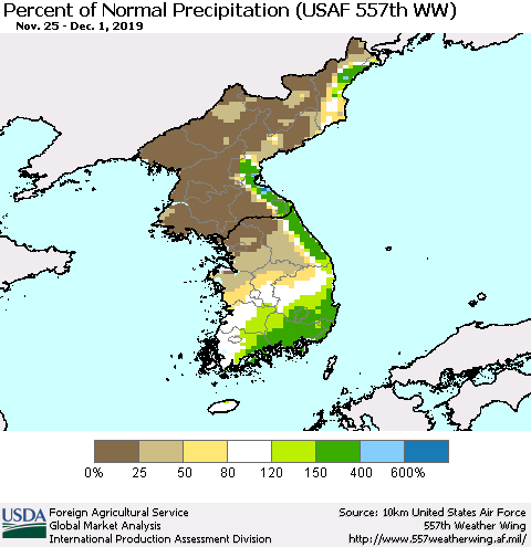Korea Percent of Normal Precipitation (USAF 557th WW) Thematic Map For 11/25/2019 - 12/1/2019
