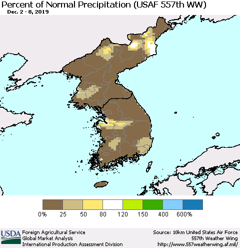 Korea Percent of Normal Precipitation (USAF 557th WW) Thematic Map For 12/2/2019 - 12/8/2019