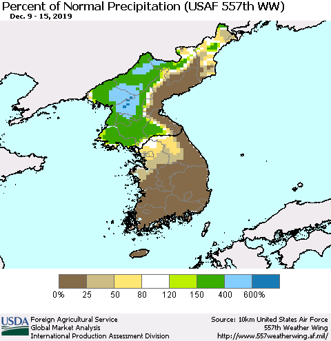 Korea Percent of Normal Precipitation (USAF 557th WW) Thematic Map For 12/9/2019 - 12/15/2019