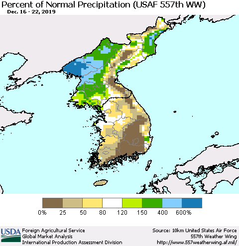 Korea Percent of Normal Precipitation (USAF 557th WW) Thematic Map For 12/16/2019 - 12/22/2019