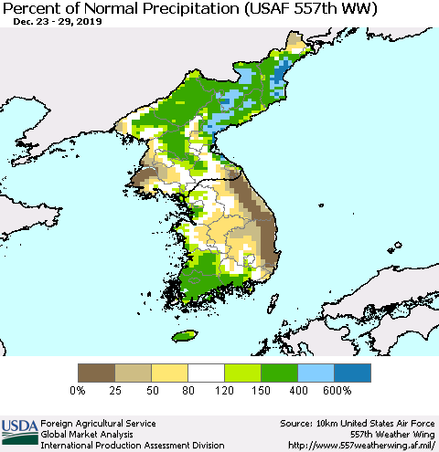 Korea Percent of Normal Precipitation (USAF 557th WW) Thematic Map For 12/23/2019 - 12/29/2019
