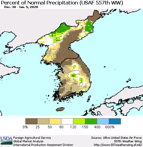 Korea Percent of Normal Precipitation (USAF 557th WW) Thematic Map For 12/30/2019 - 1/5/2020