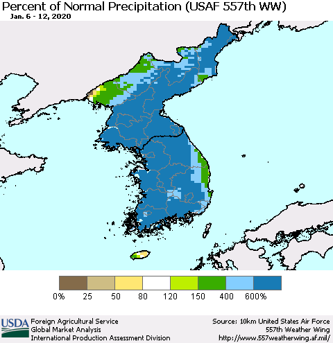 Korea Percent of Normal Precipitation (USAF 557th WW) Thematic Map For 1/6/2020 - 1/12/2020