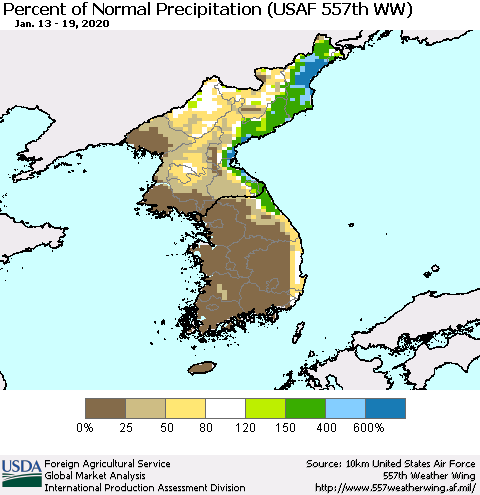 Korea Percent of Normal Precipitation (USAF 557th WW) Thematic Map For 1/13/2020 - 1/19/2020