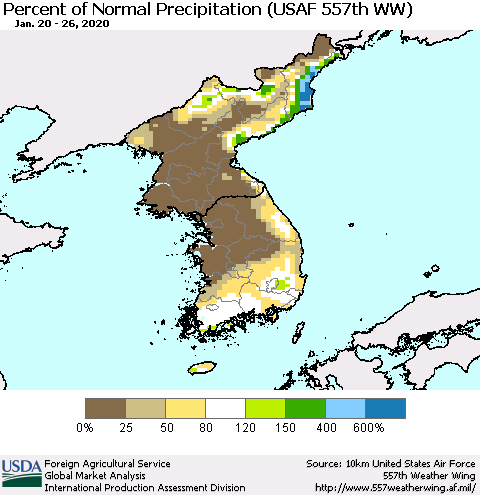Korea Percent of Normal Precipitation (USAF 557th WW) Thematic Map For 1/20/2020 - 1/26/2020