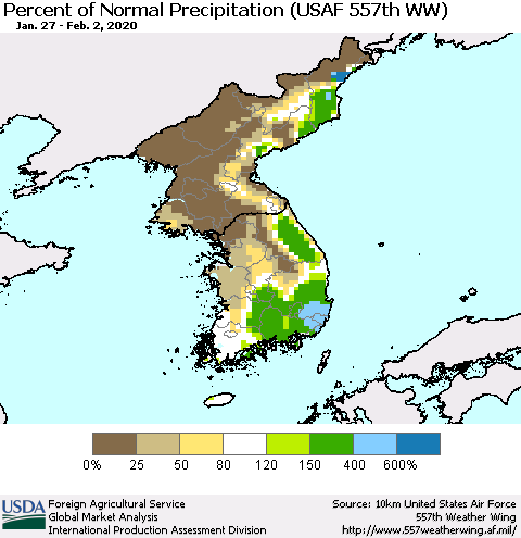 Korea Percent of Normal Precipitation (USAF 557th WW) Thematic Map For 1/27/2020 - 2/2/2020