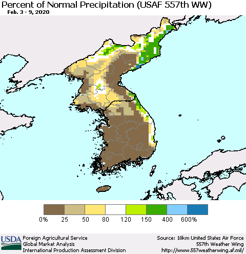 Korea Percent of Normal Precipitation (USAF 557th WW) Thematic Map For 2/3/2020 - 2/9/2020