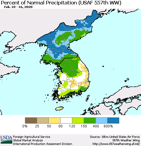 Korea Percent of Normal Precipitation (USAF 557th WW) Thematic Map For 2/10/2020 - 2/16/2020