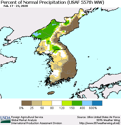 Korea Percent of Normal Precipitation (USAF 557th WW) Thematic Map For 2/17/2020 - 2/23/2020