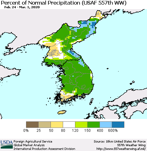Korea Percent of Normal Precipitation (USAF 557th WW) Thematic Map For 2/24/2020 - 3/1/2020