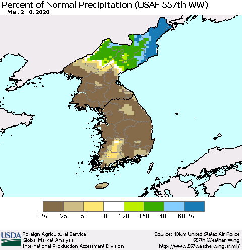 Korea Percent of Normal Precipitation (USAF 557th WW) Thematic Map For 3/2/2020 - 3/8/2020