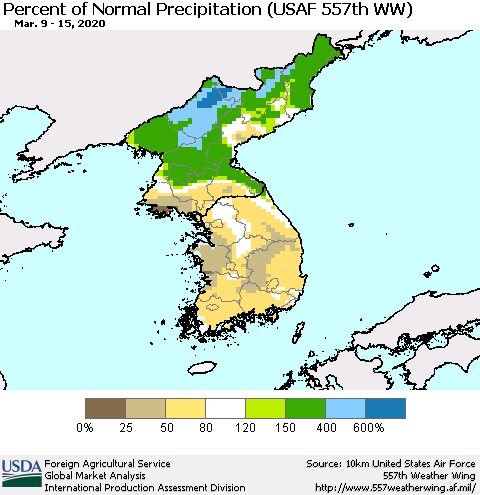 Korea Percent of Normal Precipitation (USAF 557th WW) Thematic Map For 3/9/2020 - 3/15/2020