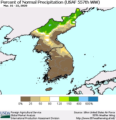 Korea Percent of Normal Precipitation (USAF 557th WW) Thematic Map For 3/16/2020 - 3/22/2020