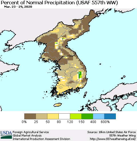 Korea Percent of Normal Precipitation (USAF 557th WW) Thematic Map For 3/23/2020 - 3/29/2020