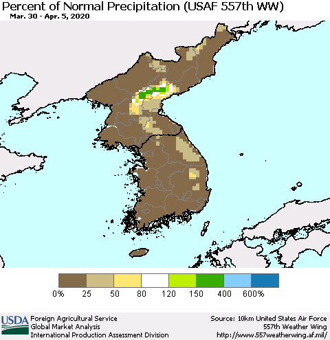 Korea Percent of Normal Precipitation (USAF 557th WW) Thematic Map For 3/30/2020 - 4/5/2020