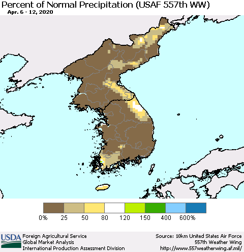 Korea Percent of Normal Precipitation (USAF 557th WW) Thematic Map For 4/6/2020 - 4/12/2020