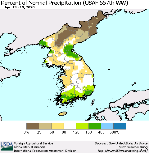 Korea Percent of Normal Precipitation (USAF 557th WW) Thematic Map For 4/13/2020 - 4/19/2020
