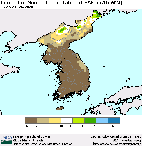 Korea Percent of Normal Precipitation (USAF 557th WW) Thematic Map For 4/20/2020 - 4/26/2020