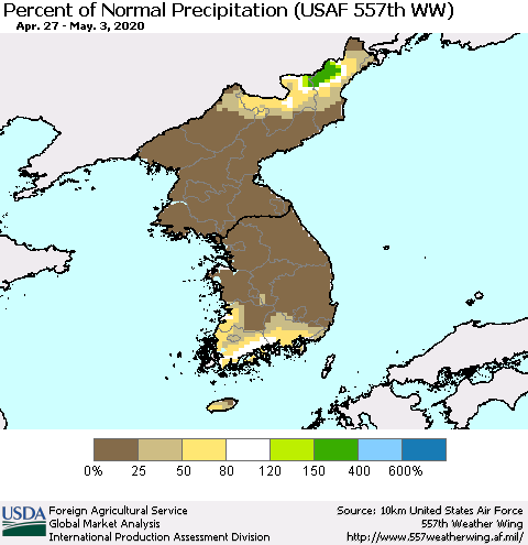 Korea Percent of Normal Precipitation (USAF 557th WW) Thematic Map For 4/27/2020 - 5/3/2020