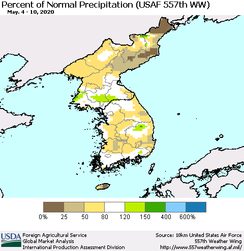 Korea Percent of Normal Precipitation (USAF 557th WW) Thematic Map For 5/4/2020 - 5/10/2020