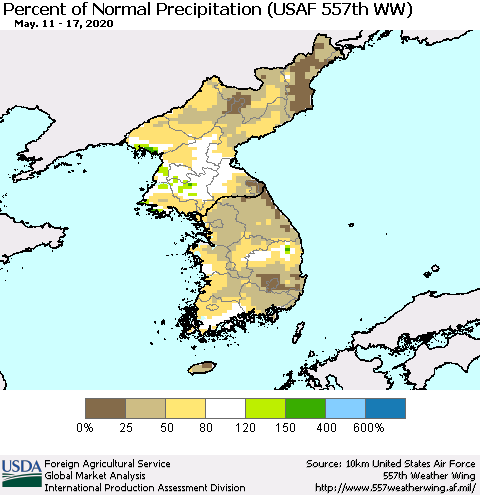 Korea Percent of Normal Precipitation (USAF 557th WW) Thematic Map For 5/11/2020 - 5/17/2020