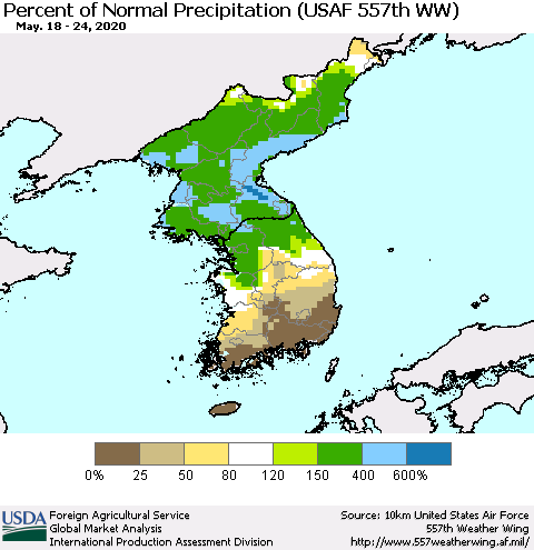 Korea Percent of Normal Precipitation (USAF 557th WW) Thematic Map For 5/18/2020 - 5/24/2020