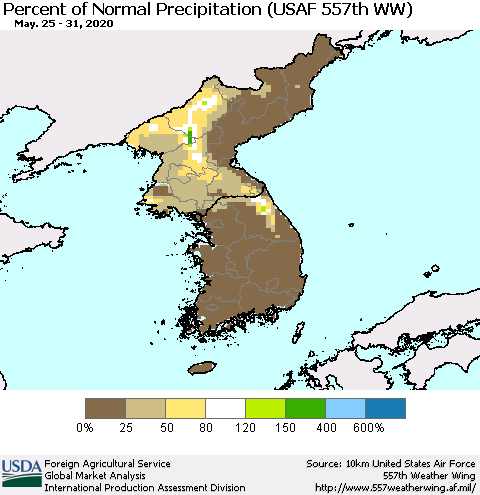 Korea Percent of Normal Precipitation (USAF 557th WW) Thematic Map For 5/25/2020 - 5/31/2020