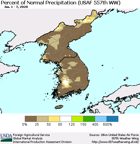 Korea Percent of Normal Precipitation (USAF 557th WW) Thematic Map For 6/1/2020 - 6/7/2020