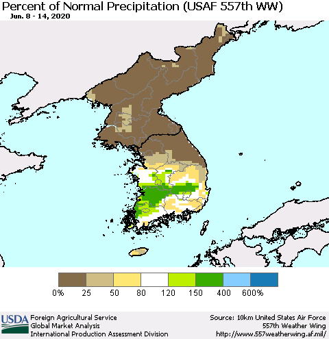 Korea Percent of Normal Precipitation (USAF 557th WW) Thematic Map For 6/8/2020 - 6/14/2020