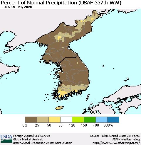Korea Percent of Normal Precipitation (USAF 557th WW) Thematic Map For 6/15/2020 - 6/21/2020