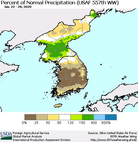 Korea Percent of Normal Precipitation (USAF 557th WW) Thematic Map For 6/22/2020 - 6/28/2020