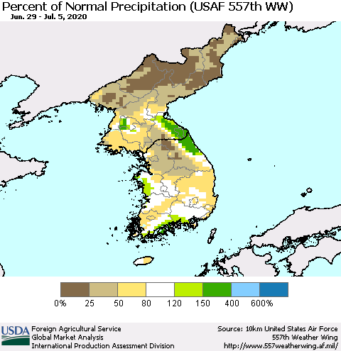 Korea Percent of Normal Precipitation (USAF 557th WW) Thematic Map For 6/29/2020 - 7/5/2020